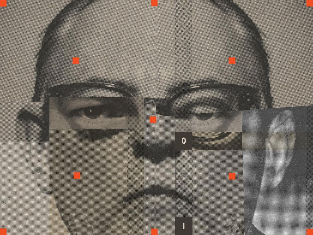 Close-up grotesque collage of a man’s face, made of non-overlapping segments, with orange squares scattered across the image