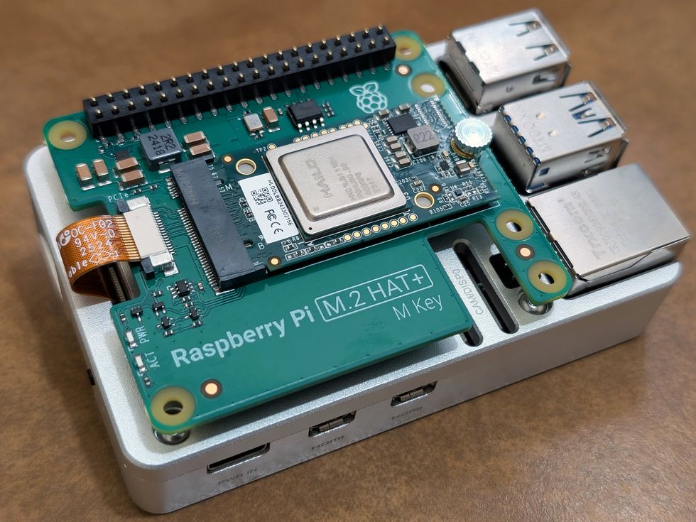 Close-up of a Raspberry Pi artificial intelligence kit with an EDATEC Pi 5 Fan-less case.