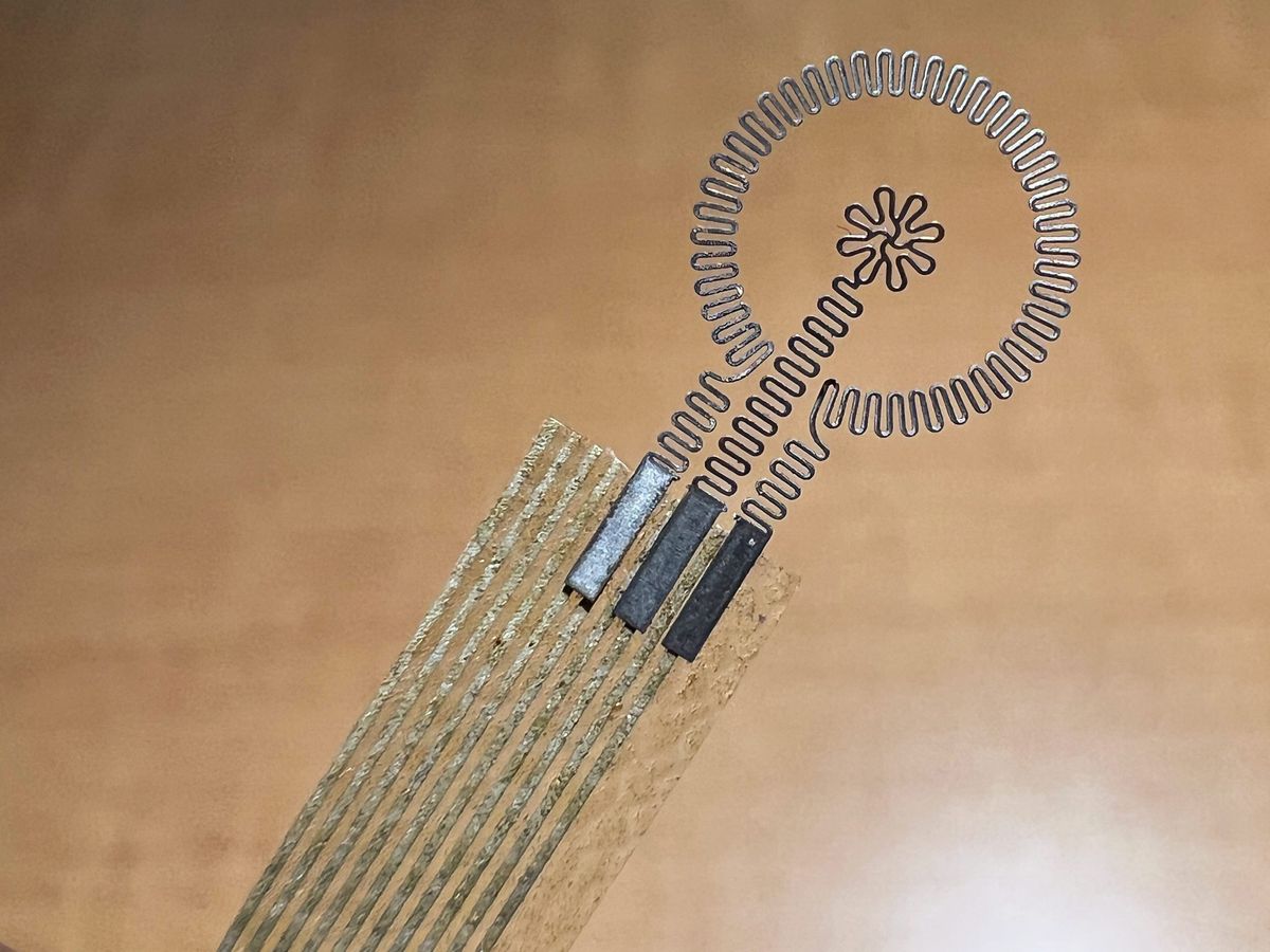 Close up of a small device consisting of many metallic strips with circular object and a flower shape inside.