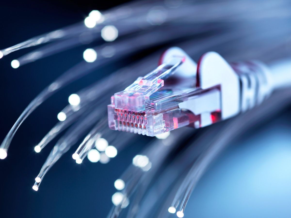 close-up of ethernet cable with clear fibers in the background