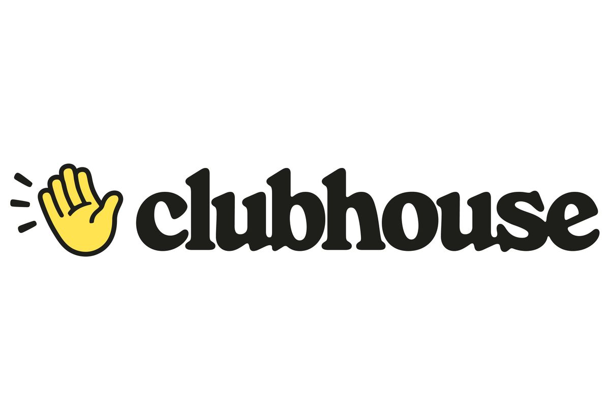Clubhouse logo shows a yellow high-five hand and the word Clubhouse against a white background