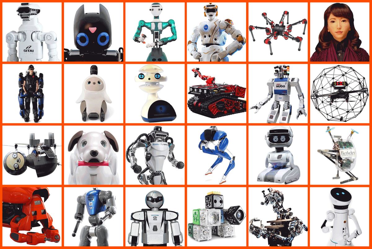 Collage of 24 images of various robots including humanoids, drones, industrial robots, and exoskeletons.