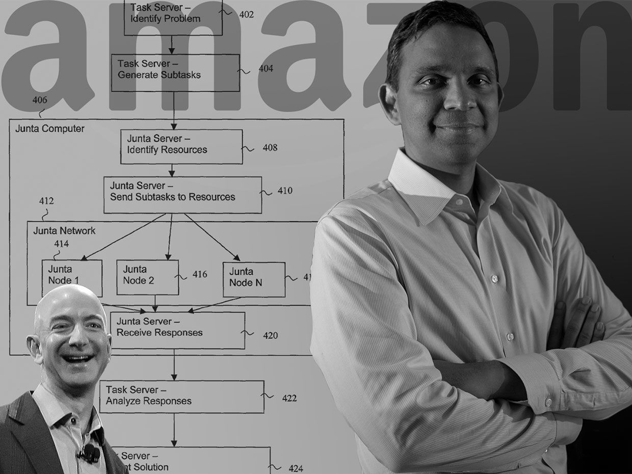 Collage of Venky Harinarayan, Jezz Bezos, and the patent for a “hybrid machine/human computing arrangement”.