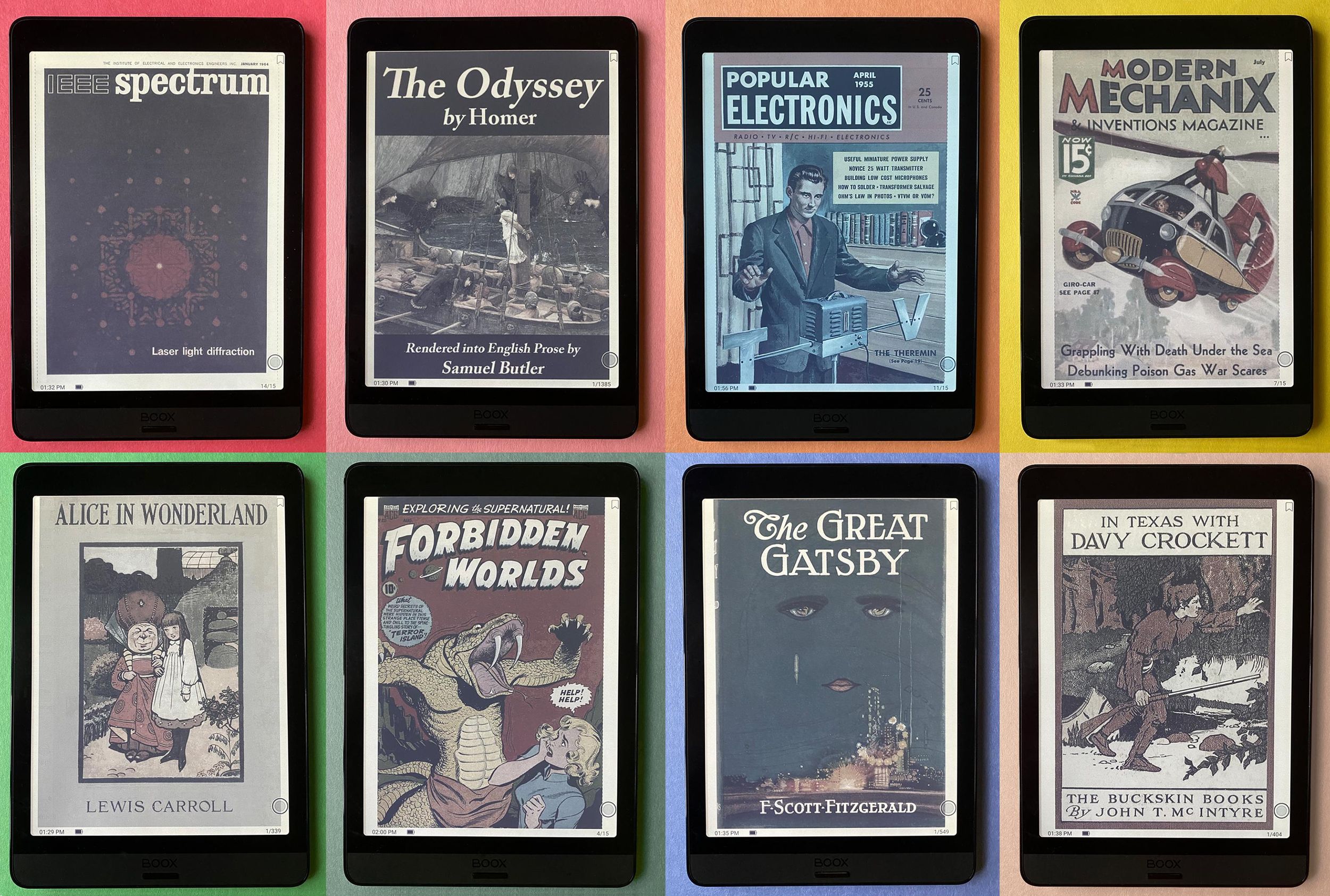 Collection of 8 photographs of book and magazine covers on a color E Ink reader, sitting on differently colored paper backgrounds.