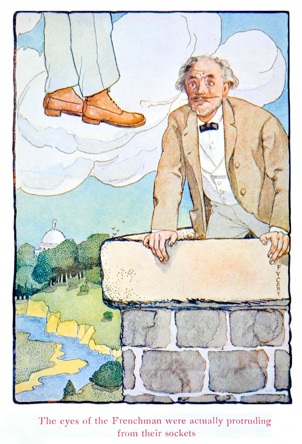 Color illustration from the book shows an older man with a thin mustache gripping the edge of a cobbled roof. A pair of pants and shoes at the top left indicate a person in the air. The text says \u201cThe eyes of the Frenchman were actually protruding from their sockets.\u201d