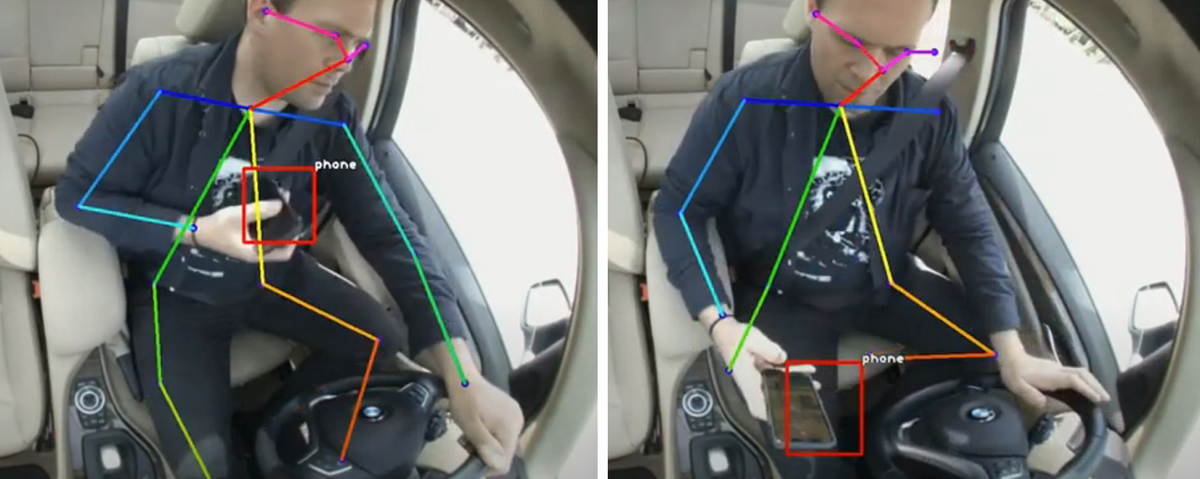 Colored lines over a person sitting in a car and holding a phone in their hand.  