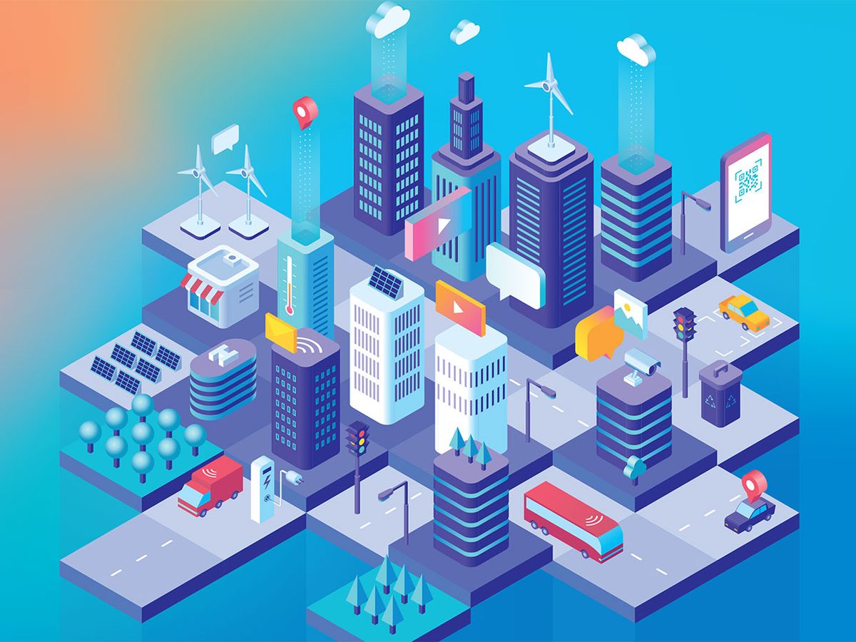 Colorful illustration of a smart city in action