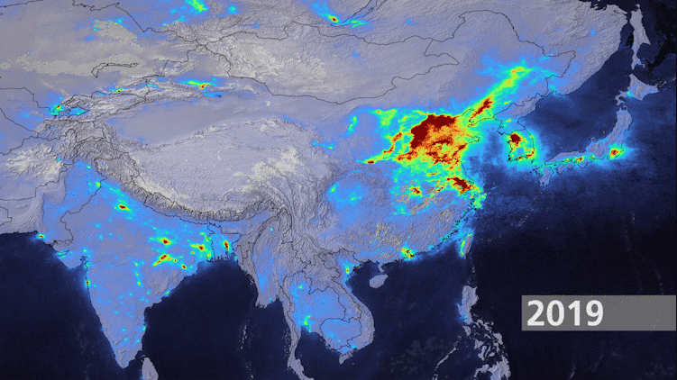 Comparison of Sentinel-5P recordings of nitrogen dioxide emissions over Asia between 2019 and 2020.