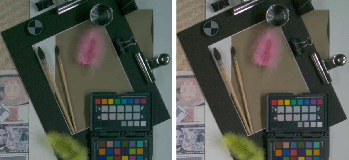Comparison photographs showing the same photo taken with a conventional image sensor and with a NP image sensor. The photograph shows paint brushes, a pink feather, a palette of makeup, and money.