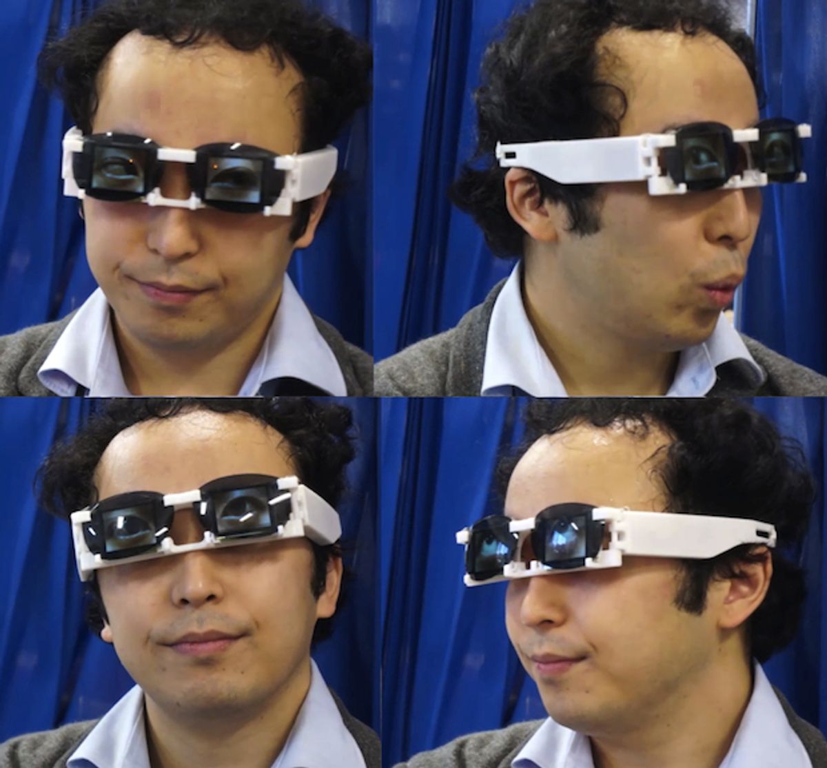Composite of four views of man wearing glasses. 