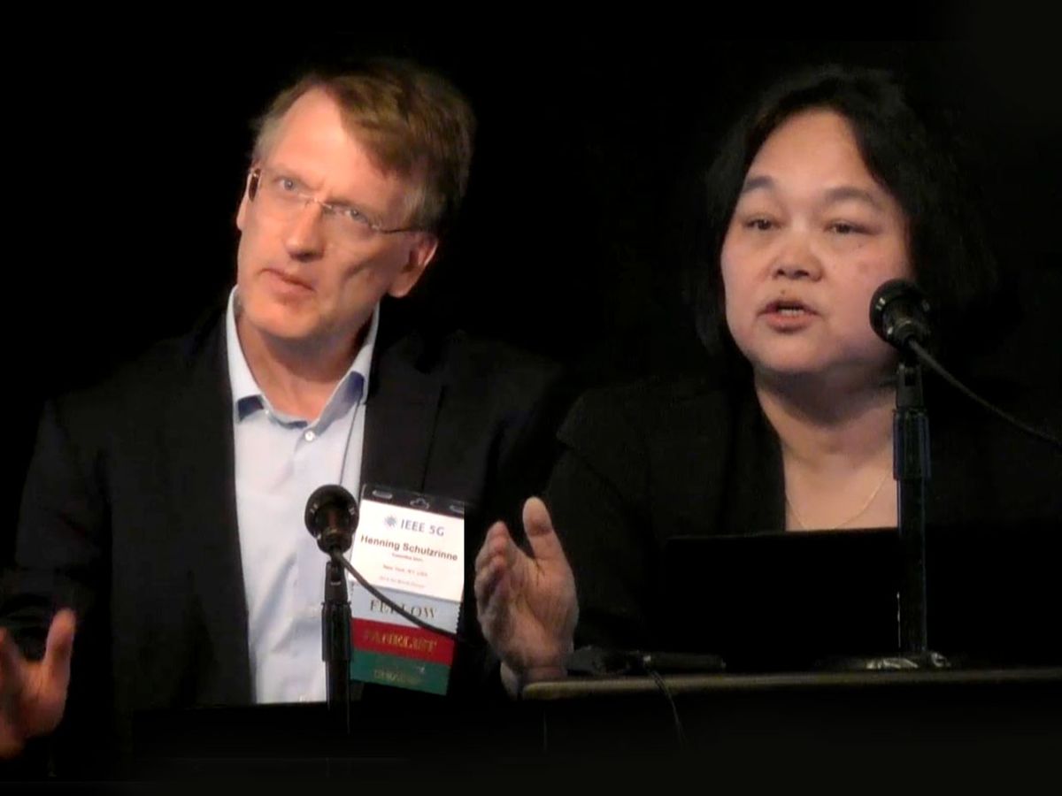 Composite of video images showing Henning Schulzrinne (left) and Chih-Lin I at IEEE 5G World Forum 2018.