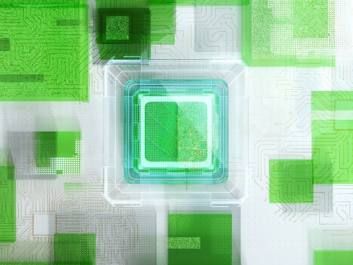 computer chips in white and green with a leaf in the middle of the image