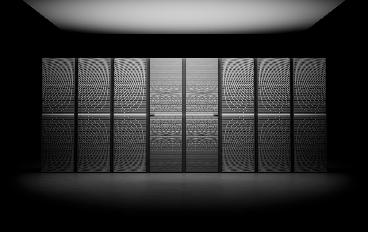 Computer graphic of vertical server cabinets lined up together. 