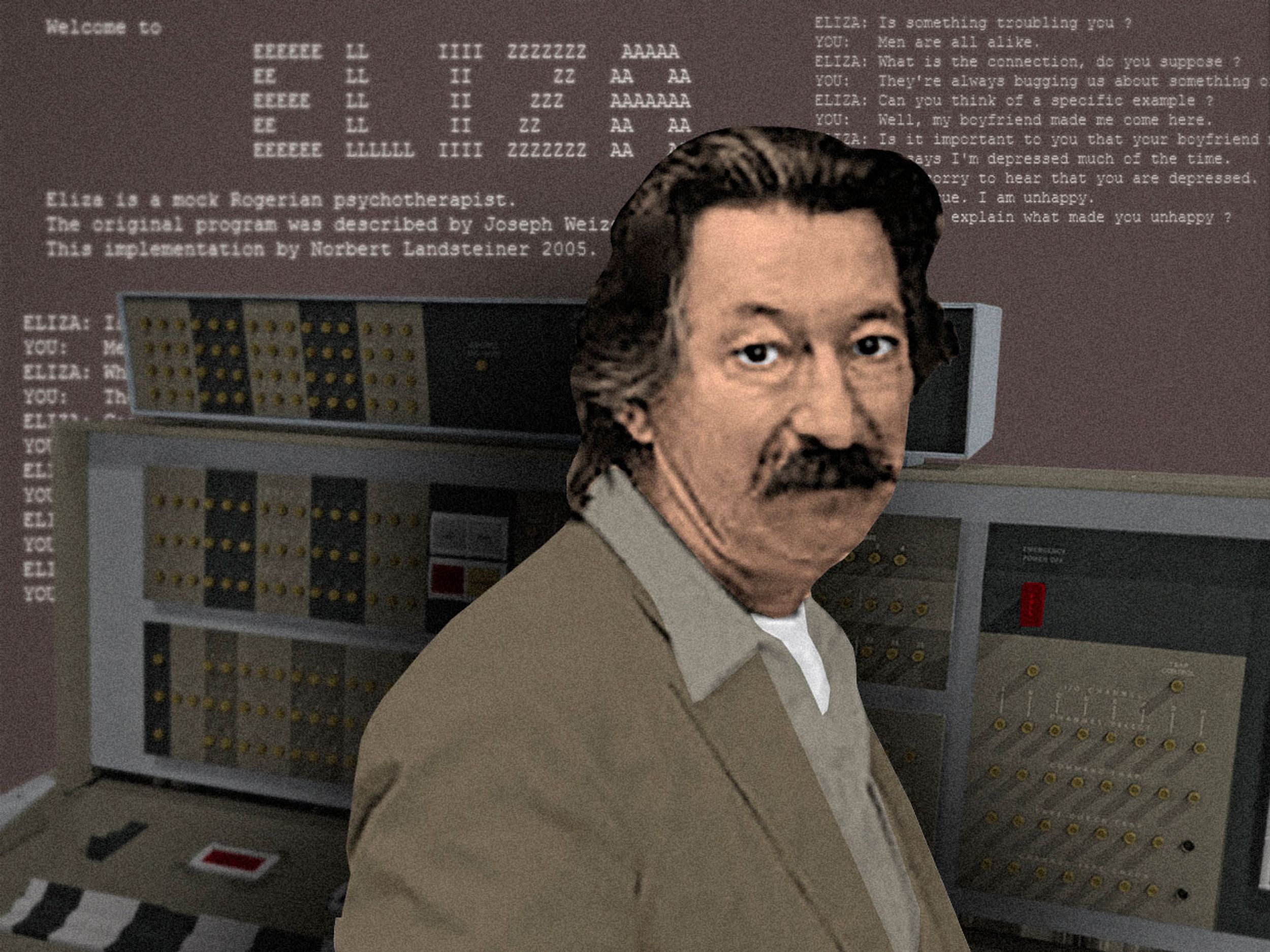 Computer scientist Joseph Weizenbaum with his chatbot Eliza, running on an IBM 36-bit IBM 7094 mainframe computer.