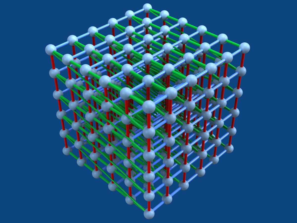 computerized image of cube made of dozens of ball-and-stick mini-cubes