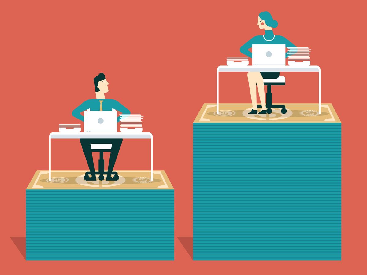 Conceptual art of two colleagues sitting at computer desks on different sized stacks of money