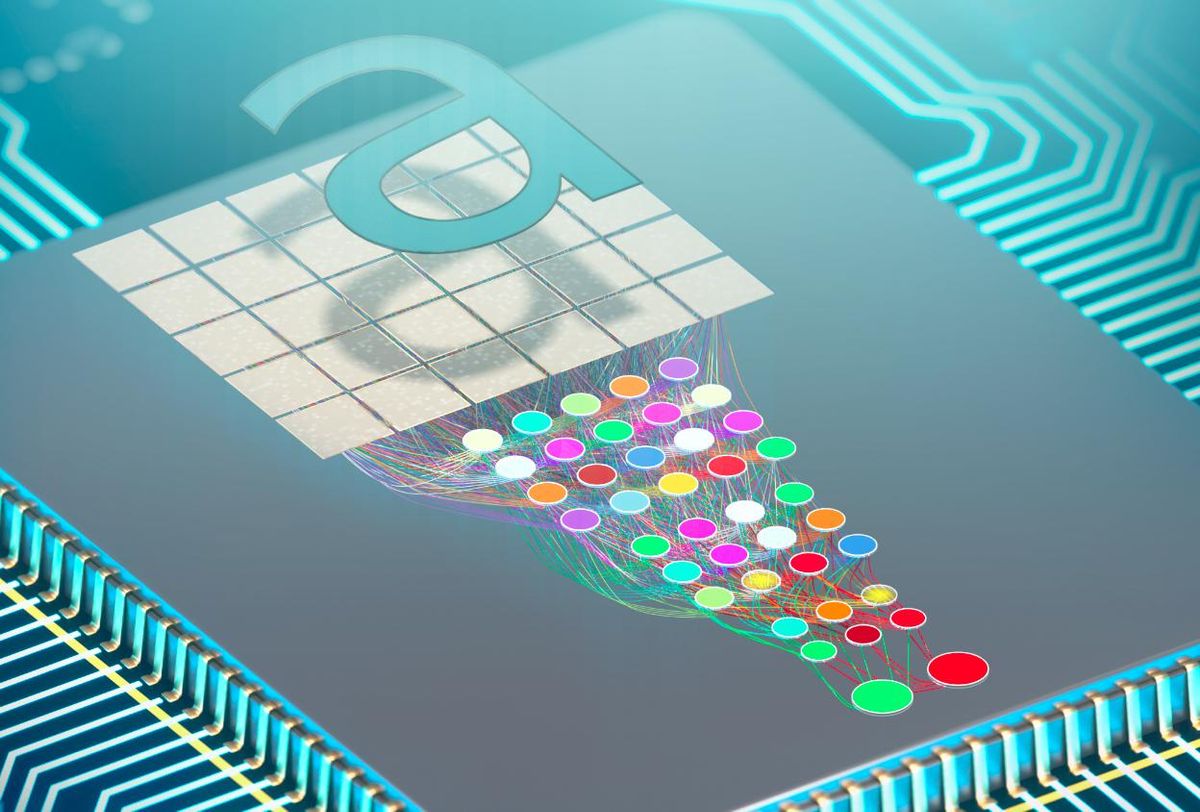 Conceptual illustration of a chip overlaid with a network of colorful dots threaded together