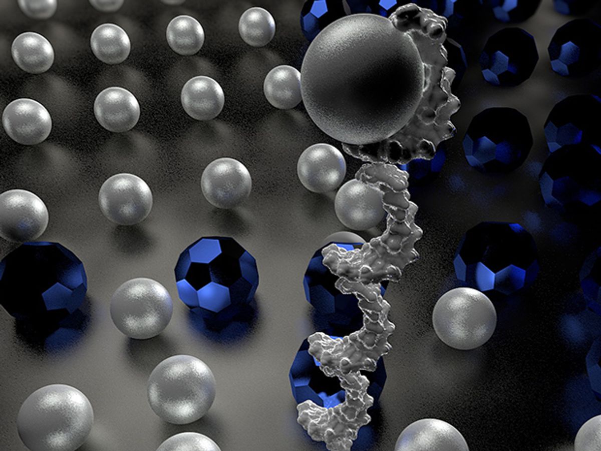 Conceptual illustration of a DNA robot sorting two types of cargo molecules.