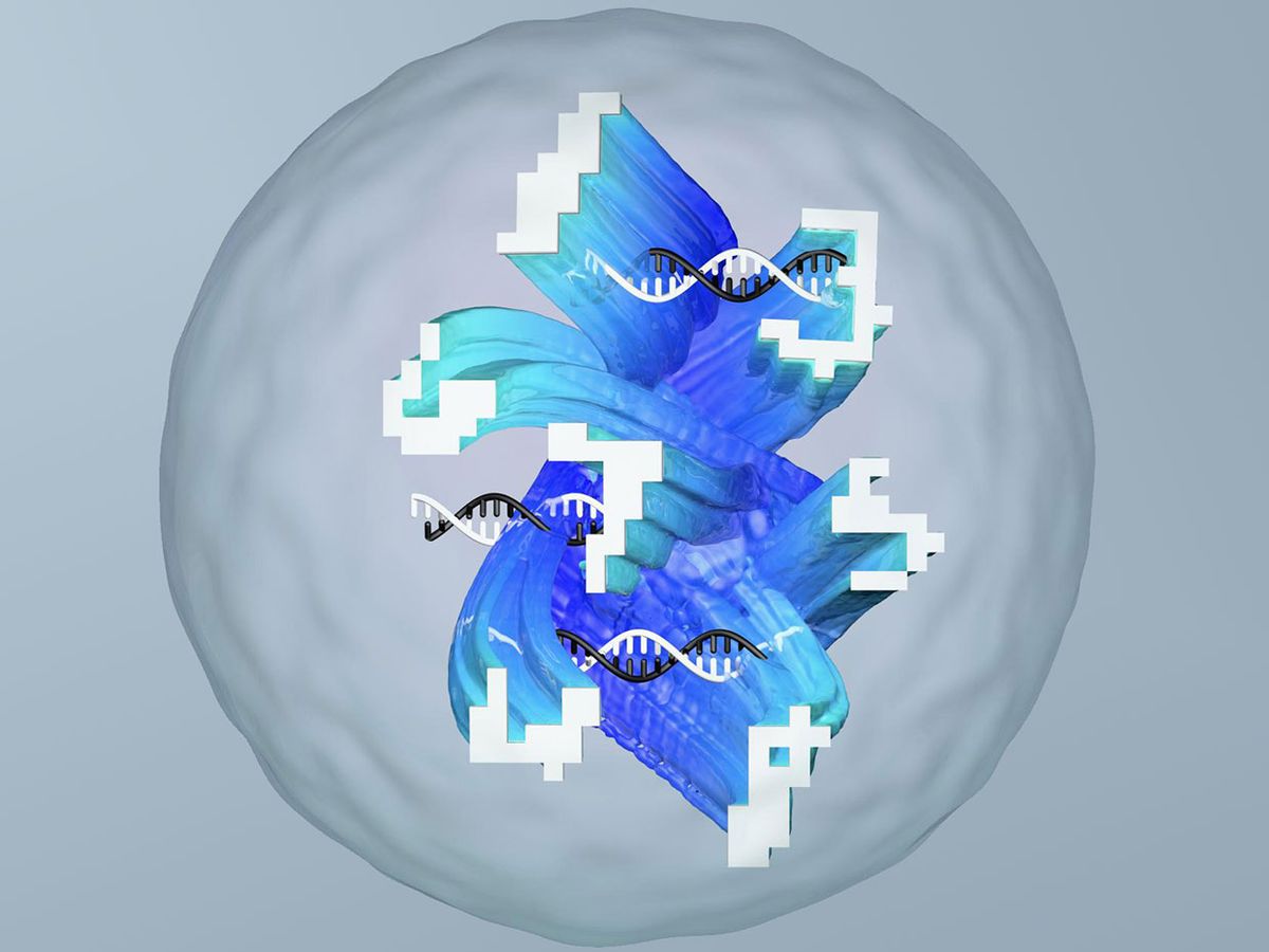 Conceptual illustration of a droplet containing an artificial neural network made of DNA that has been designed to recognize complex and noisy molecular information, represented as 'molecular handwriting.'