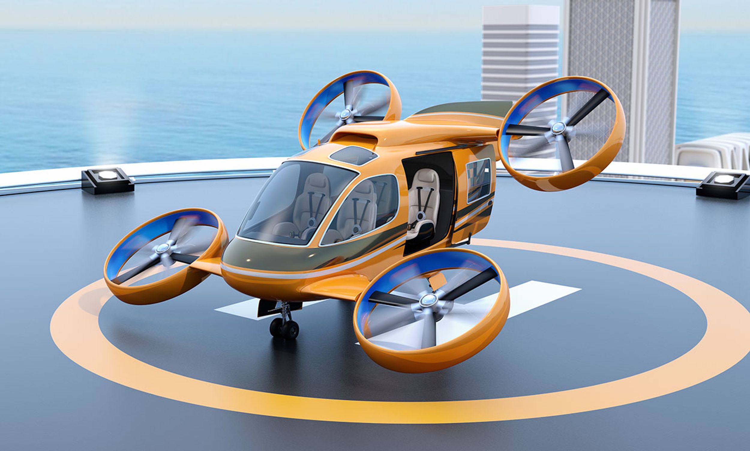 Conceptual illustration of an air taxi on a landing pad.