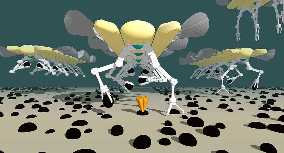 Conceptual illustration of C-Ray robots mining on the sea floor.
