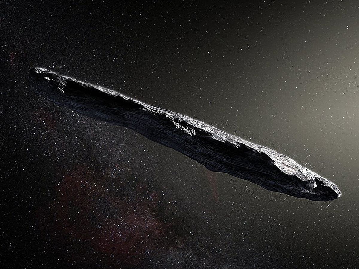 Conceptual illustration of interstellar asteroid ‘Oumuamua as it passed through the solar system after its discovery in October 2017. The aspect ratio of up to 10:1 is unlike that of any object seen in our own solar system.