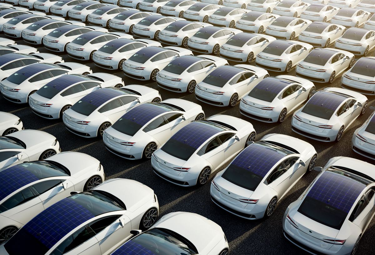 Conceptual illustration of rows of cars with solar panels on top