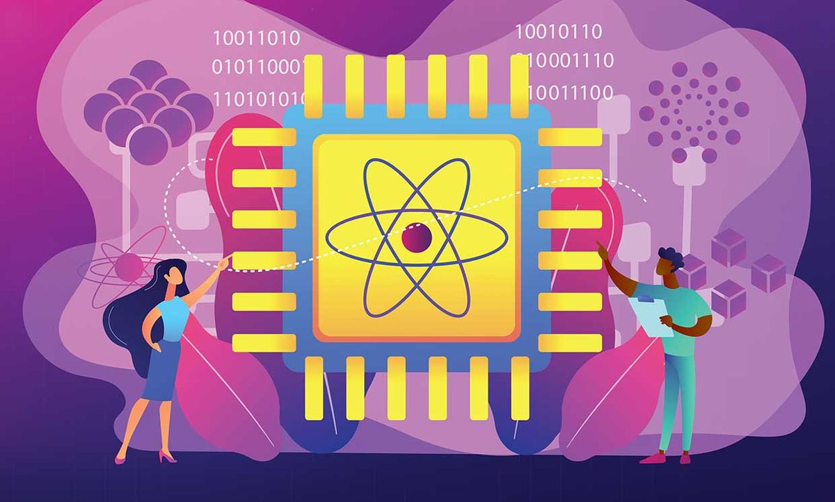 Conceptual illustration of two people working in quantum computing