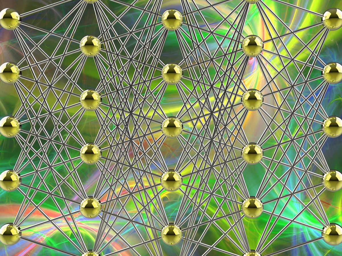 Conceptual illustration showing part of an artificial neural network consisting of spherical nodes connected by silvery lines.
