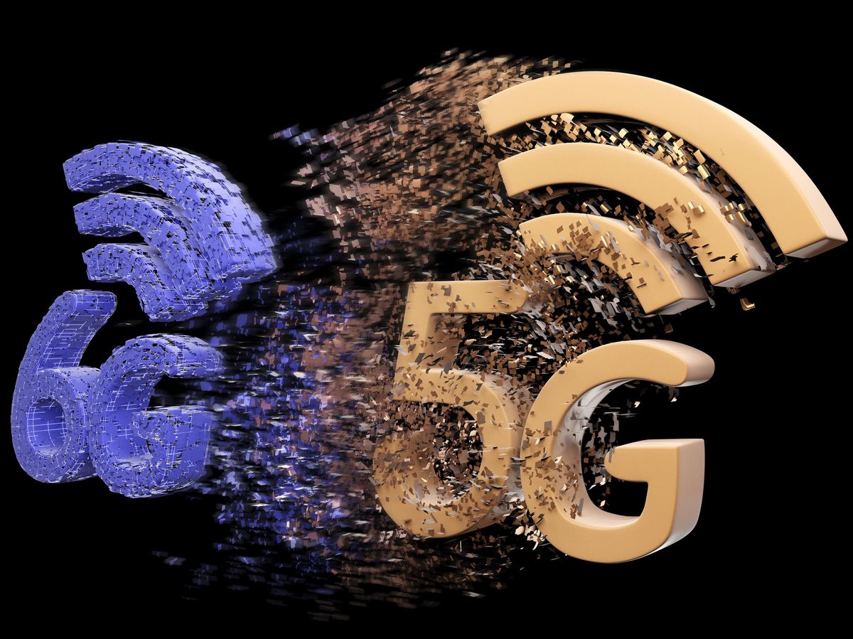 Conceptual illustration shows 6G next to 5G, each with a wireless symbol on top. Bits and pieces seem to be flying between the two.