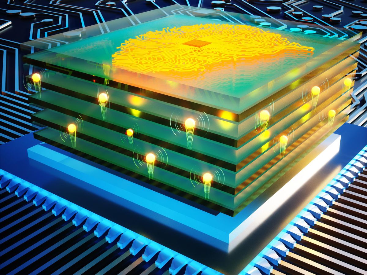 Conceptual illustration shows a brain shape made of circuits on a multilayered chip structure.