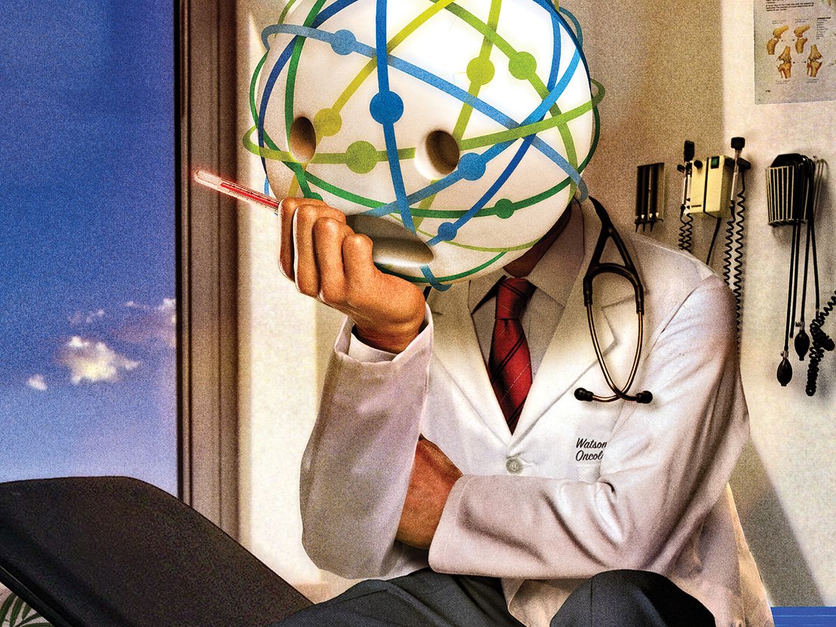 Conceptual photo-illustration imagining IBM’s AI Watson as a concerned doctor, with the Watson logo standing in for the doctor’s face.