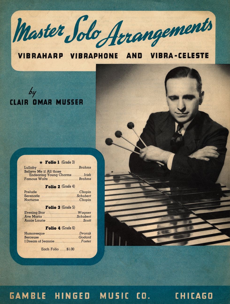 Cover of sheet music featuring a photo of a man and a vibraphone.