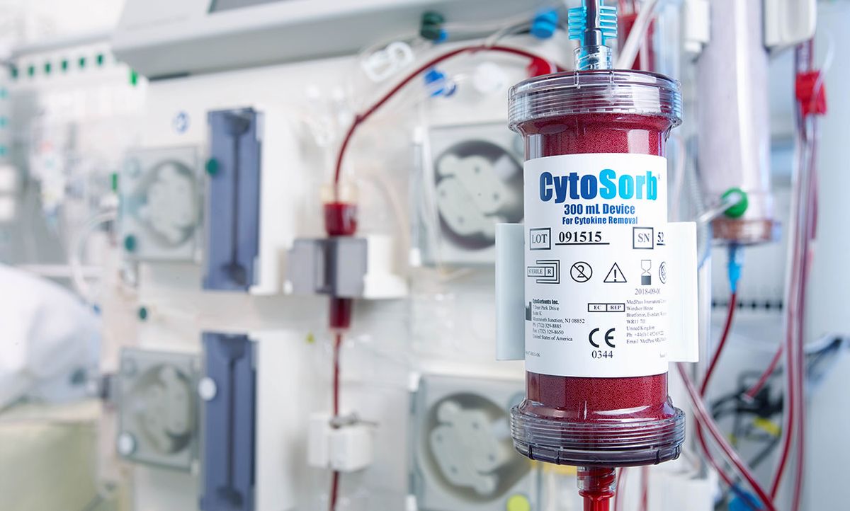 CytoSorbents blood purification cartridge, called CytoSorb, reduces the intensity of a patient’s cytokine storm by physically binding to and removing cytokines from the blood, in a process similar to dialysis.