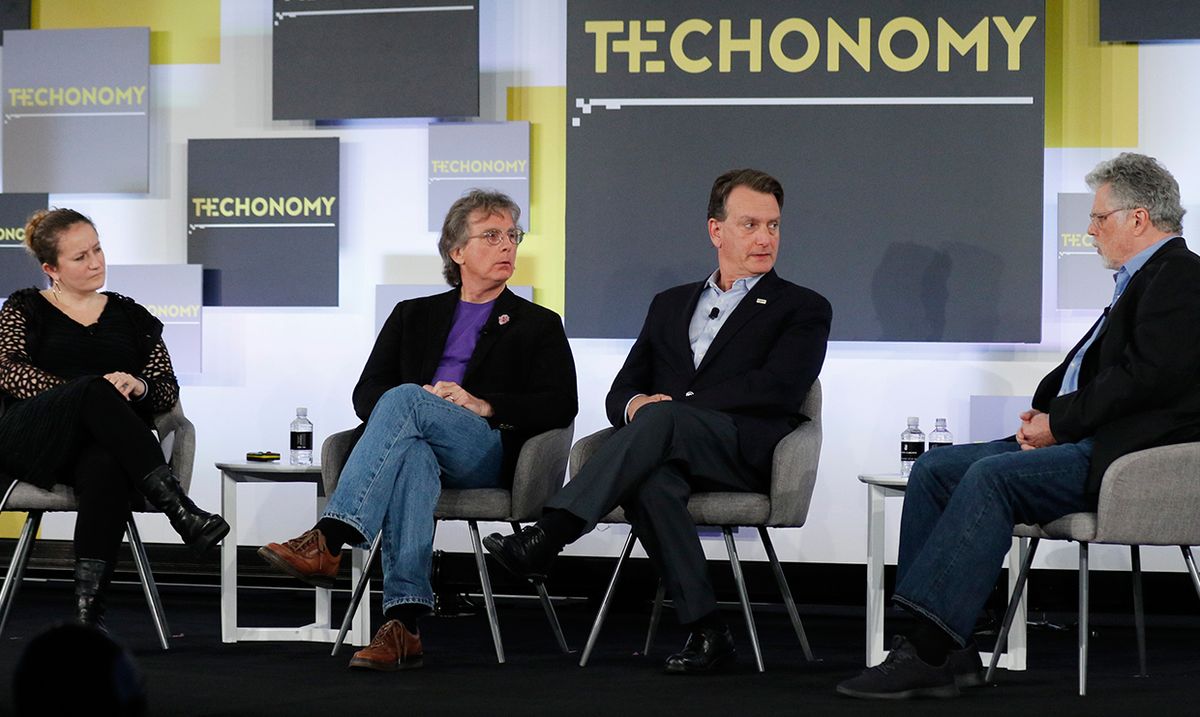 Danah Boyd (left), Roger McNamee, Marc Rotenberg, and Stratford Sherman, speaking to attendees of Techonomy17, discuss the weaponization of social networks.
