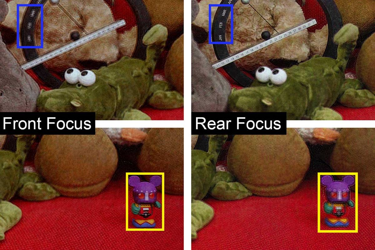 Demonstration of 2D and 3D holographic projection. The left photograph is focused on the mouse toy (in yellow box) closer to the camera, and the right photograph is focused on the perpetual desk calendar (in blue box).