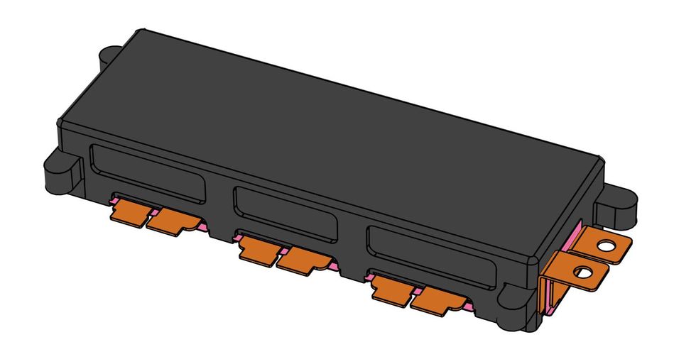 Digital art 3D illustration of a DC link capacitor that consists of a gray rectangular box with two connectors.