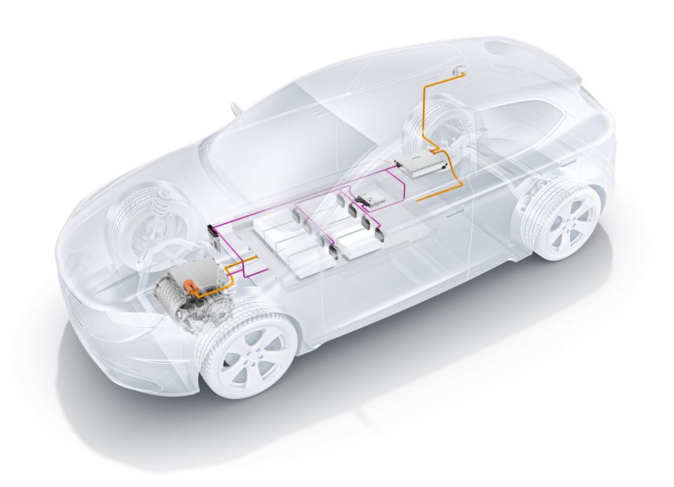 Digital art 3D schematic showing a transparent car with the electric engine connected to batteries.