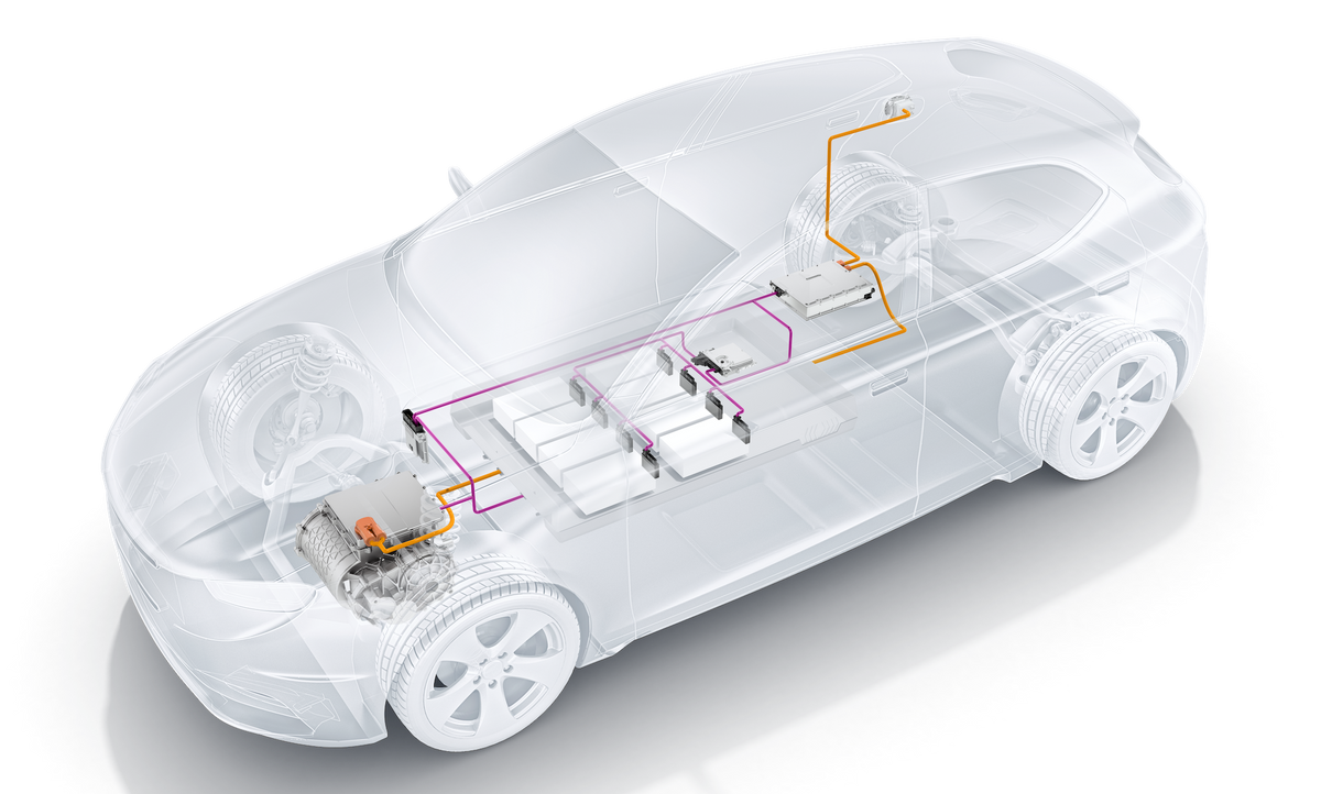 Digital art showing a 3D transparent car with the electric engine connected to batteries.