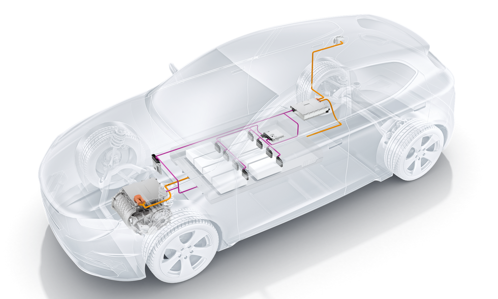 digital art showing a 3d transparent car with the electric engine connected to batteries