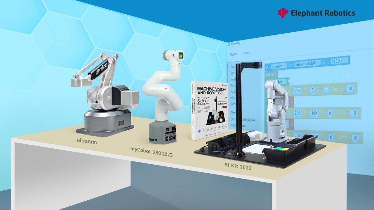 Digital rendering showing three robotic arms the size of desk lamps next to each other with a blue background and Elephant Robotics logo on the top right corner.