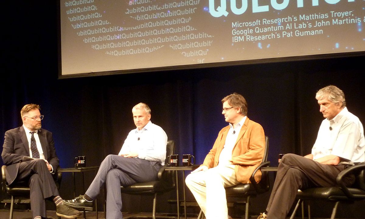 Discussing the present and future of quantum computing are (left to right) the Computer History Museum's David Brock,  IBM's Pat Gumann, Microsoft's Matthias Troyer, and Google's John Martinis