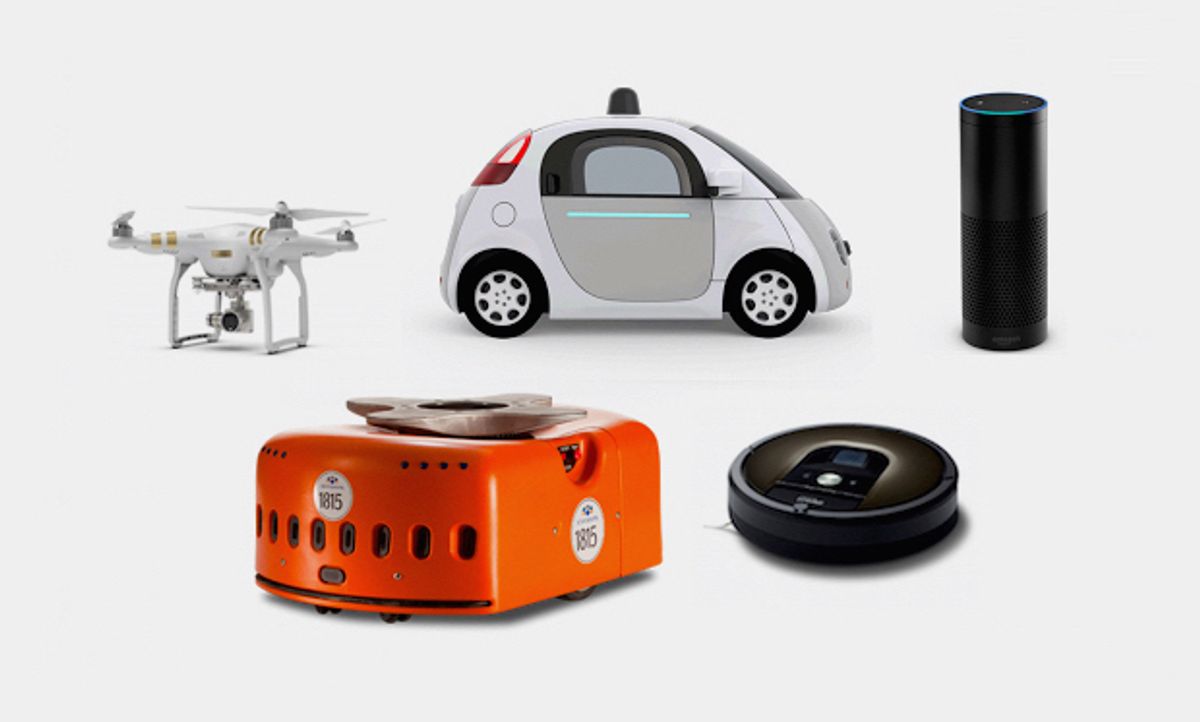 DJI Phantom 3, Roomba, Amazon Echo, Kiva, and Google Self-Driving Car
