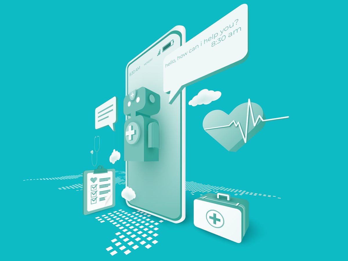 doctor robot on top of a smartphone screen surrounded by medical icons on a teal background