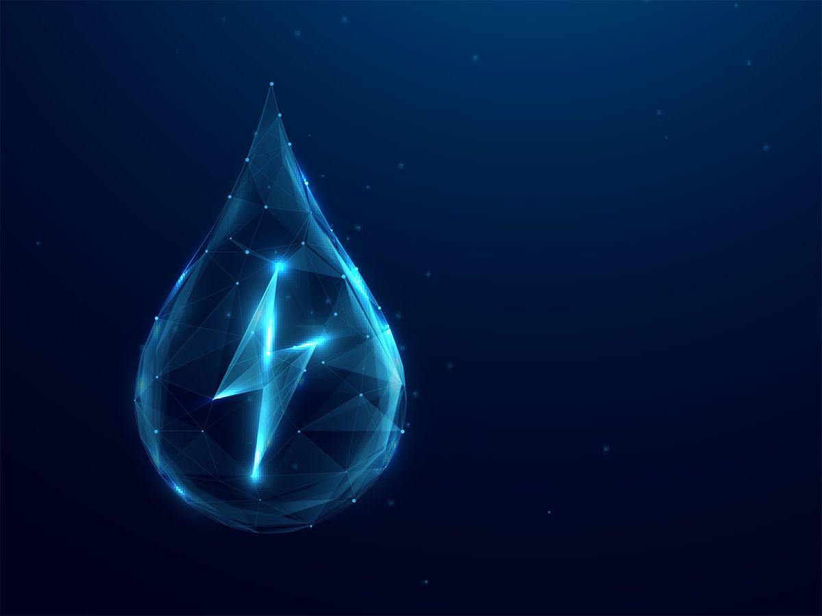 dots connected together in the shape of a water drop with a lightning bolt in the center against a dark blue background