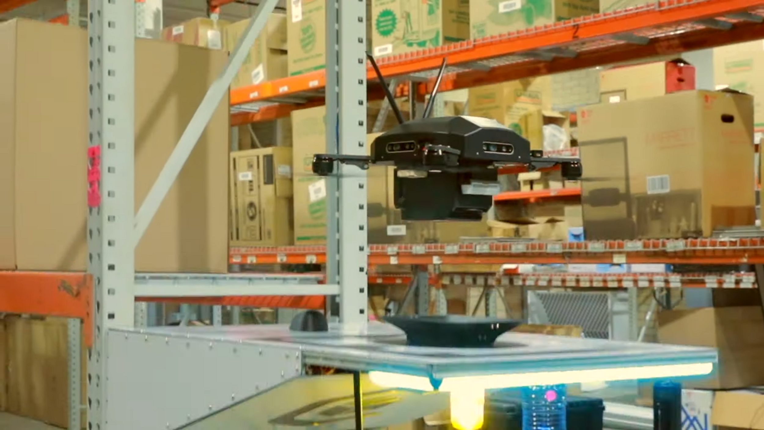 Drone flying in a warehouse