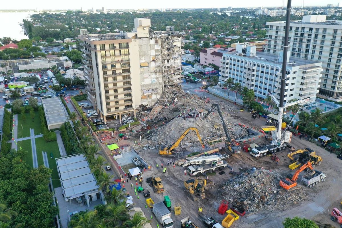 Drone view of the site where the Champlain Towers South condominium collapsed in Surfside, Florida.