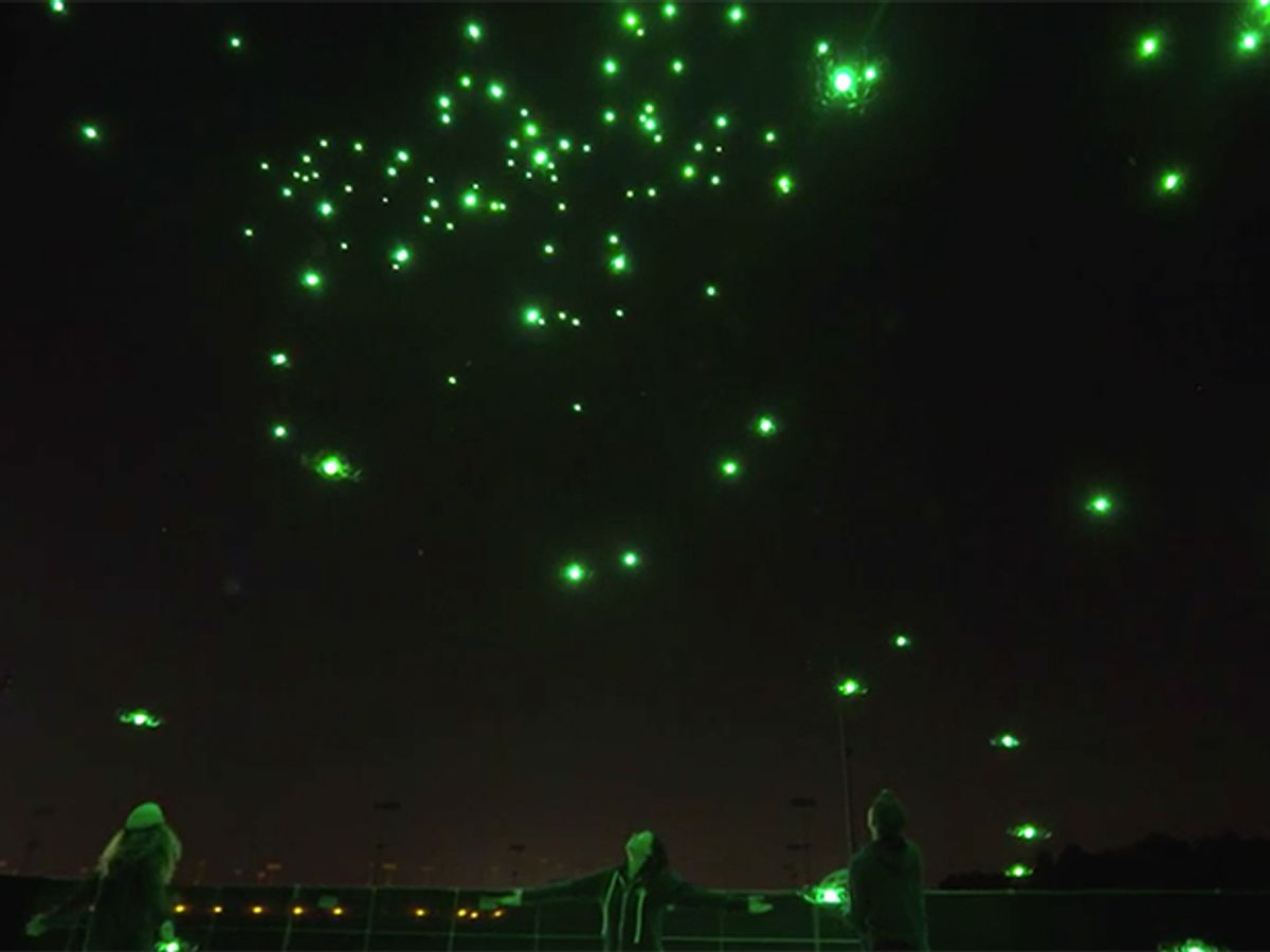 Drones glow like fireflies in a demo of Intel's drone light show technology