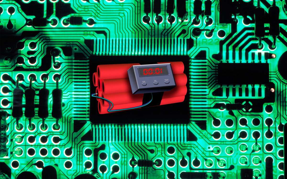Dynamite and timer atop a magnified image of a circuit board.