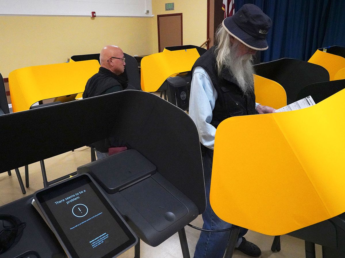 Early voter Bill Bassett, right, casts his ballot at one of the few working electronic voting machines at the Ranchito Avenue Elementary School in the Panorama City section of Los Angeles on Monday, March 2, 2020.